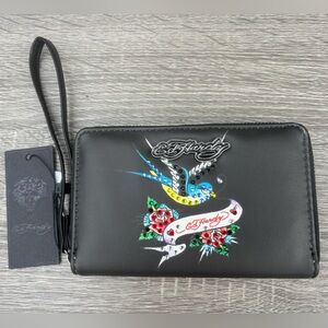 Ed Hardy Black Leather Wristlet Wallet with Embroidered Swallow & Roses
